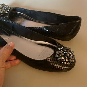 Calvin Klein Black Snakeskin Leather Stone Studs Flat Shoes